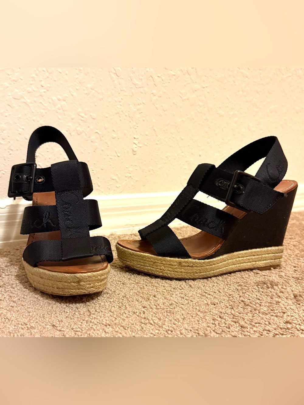 Coach Mary Janne Black Espadrille Wedge Sandals